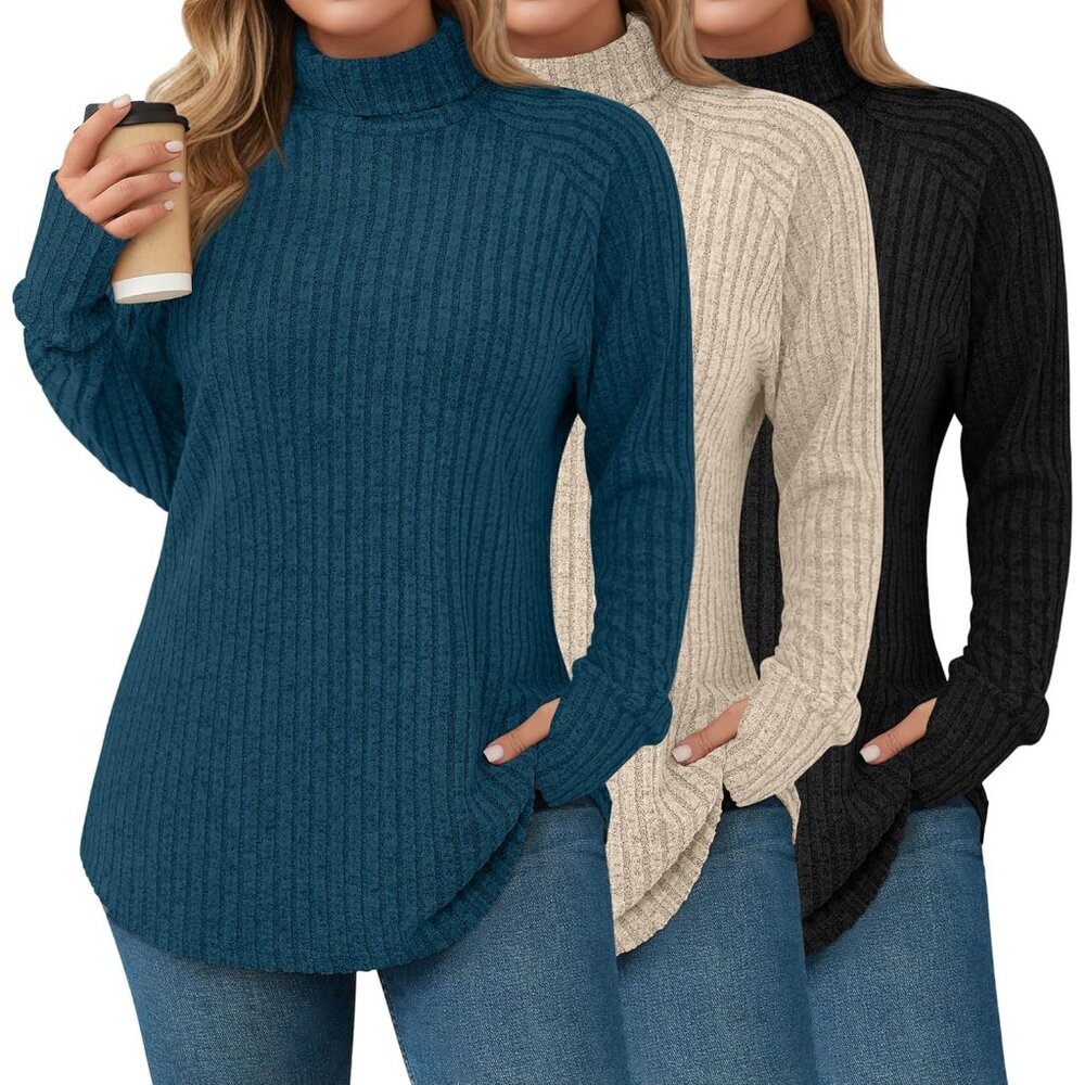 3-Pack Women's Plus Size Turtleneck Sweater Long Sleeve Ribbed Tops
